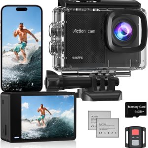 4K 60FPS Action Camera with 64GB Card-48MP Waterproof Camera,40M Underwater Camera,8X Zoom,EIS Stabilization,WiFi,Remote Control,MotorcycleCamera with 2 Rechargeable Batteries